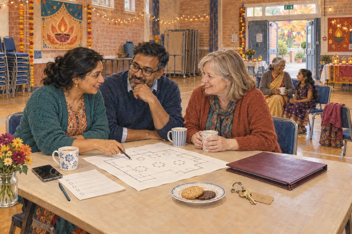 Three volunteer organisers review a venue plan and checklist over tea inside a community hall, with a hall key on the table.