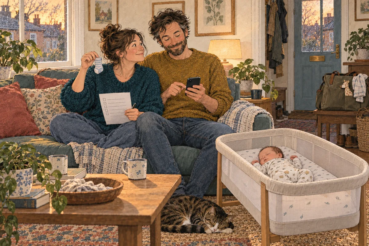 Two new parents review a short shared checklist on the sofa while their baby sleeps safely in a nearby bassinet.