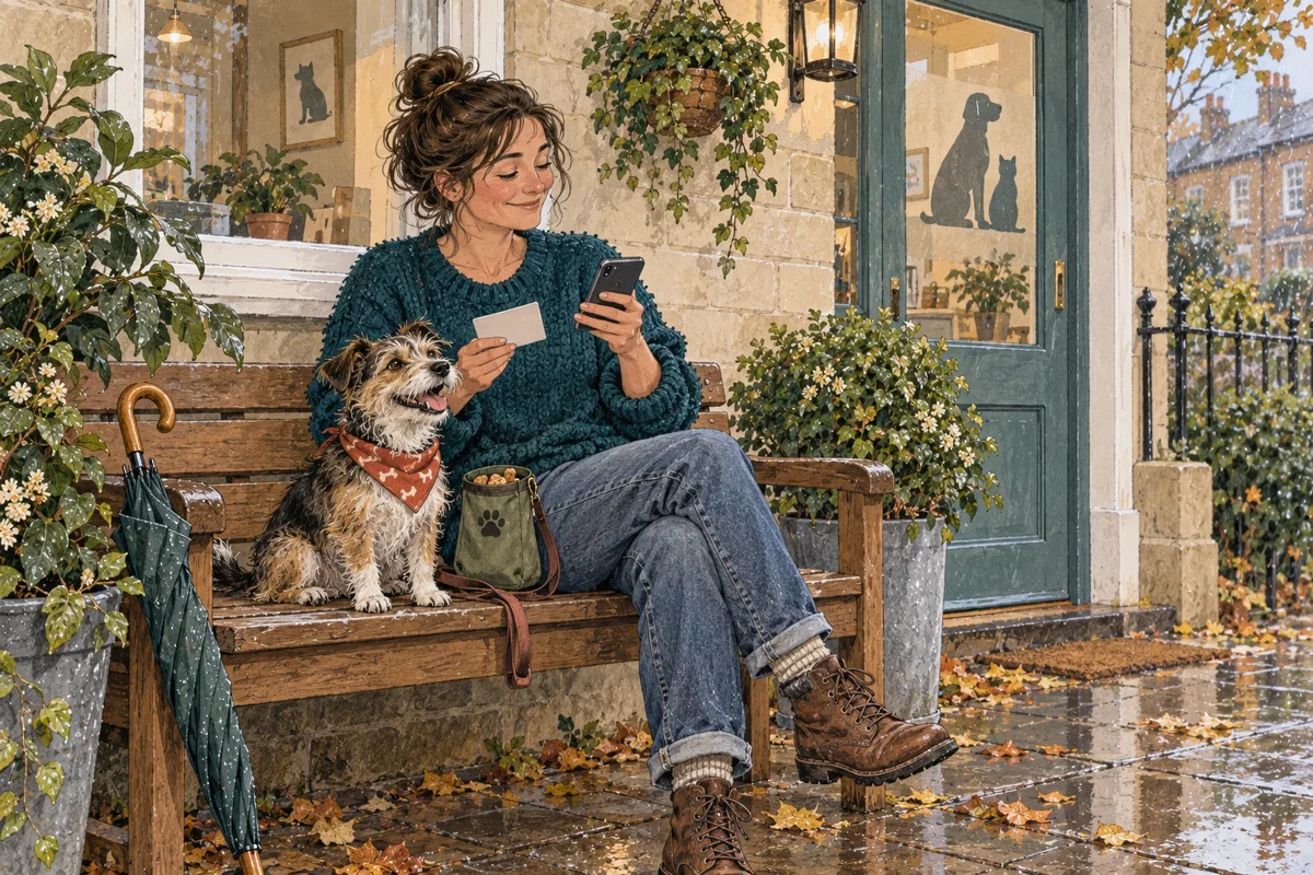 A woman sits outside a veterinary practice with her terrier, checking an appointment card beside an umbrella and treat pouch.